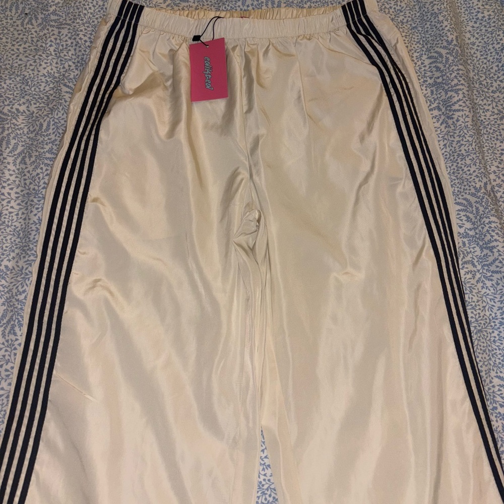 Edikted Cream Track Pants with Black Stripes